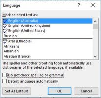Screenshot of where to select the proofing language in Word